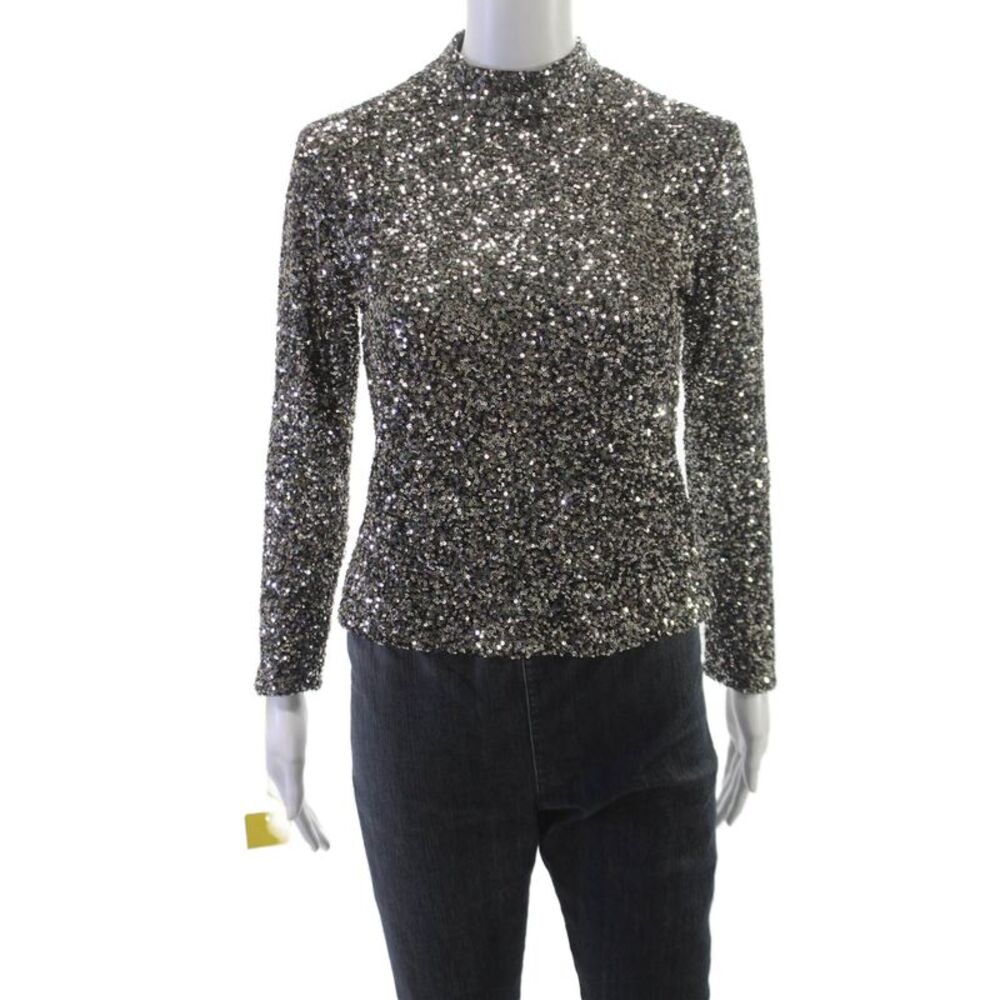 Insight Women Mock Neck Long Sleeve Blouse Silver Zip Polyester Size XS